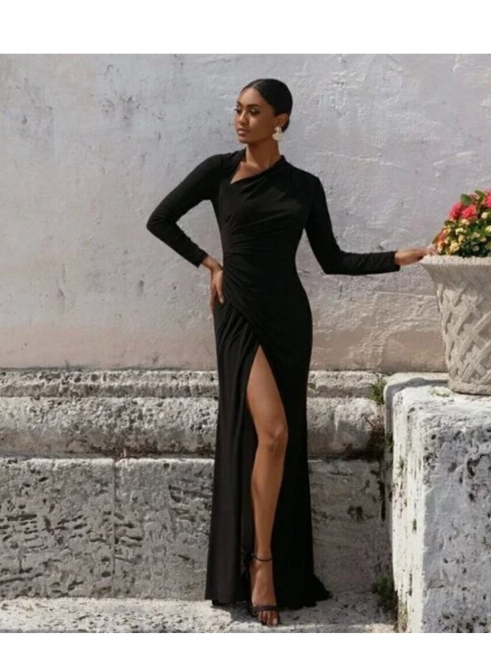 Betsy & Adam Black One-Shoulder Gown SZ 4 Asymmetrical Long Sleeve GALA NWT MOB